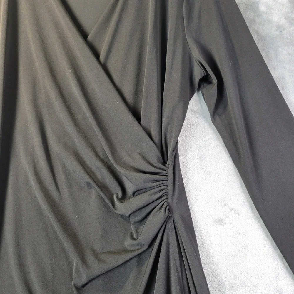 Michael Kors Black‎ Faux Wrap Dress Gold Grommet Hem Long Sleeve Size L Cocktail